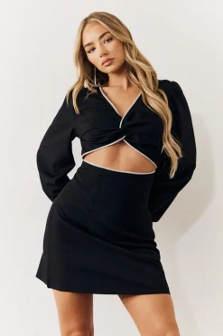 Black Embellished Trim Cut Out Balloon Sleeve Mini Dress