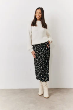 Black Floral Wrap Midi Skirt