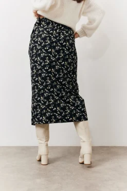 Black Floral Wrap Midi Skirt