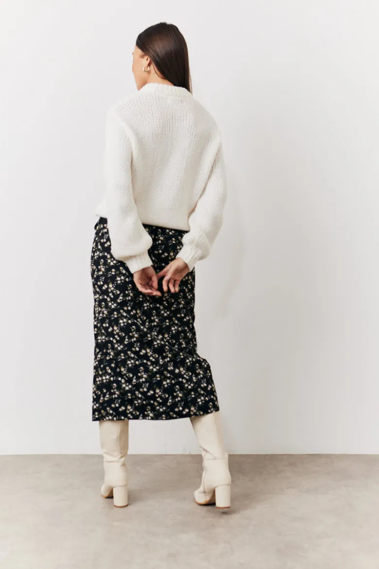 Black Floral Wrap Midi Skirt