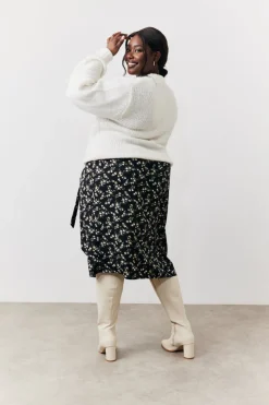 Black Floral Wrap Midi Skirt