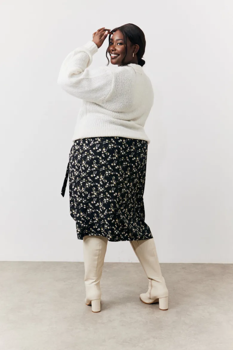 Black Floral Wrap Midi Skirt
