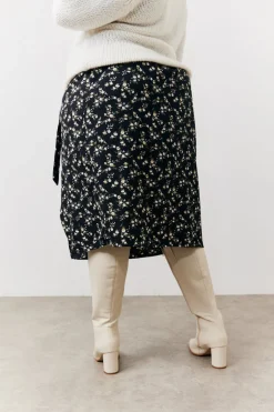 Black Floral Wrap Midi Skirt