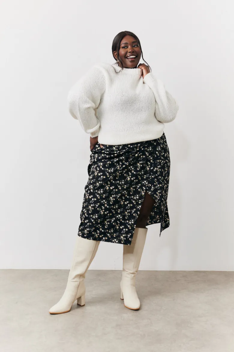 Black Floral Wrap Midi Skirt