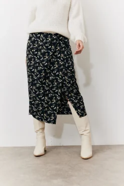 Black Floral Wrap Midi Skirt