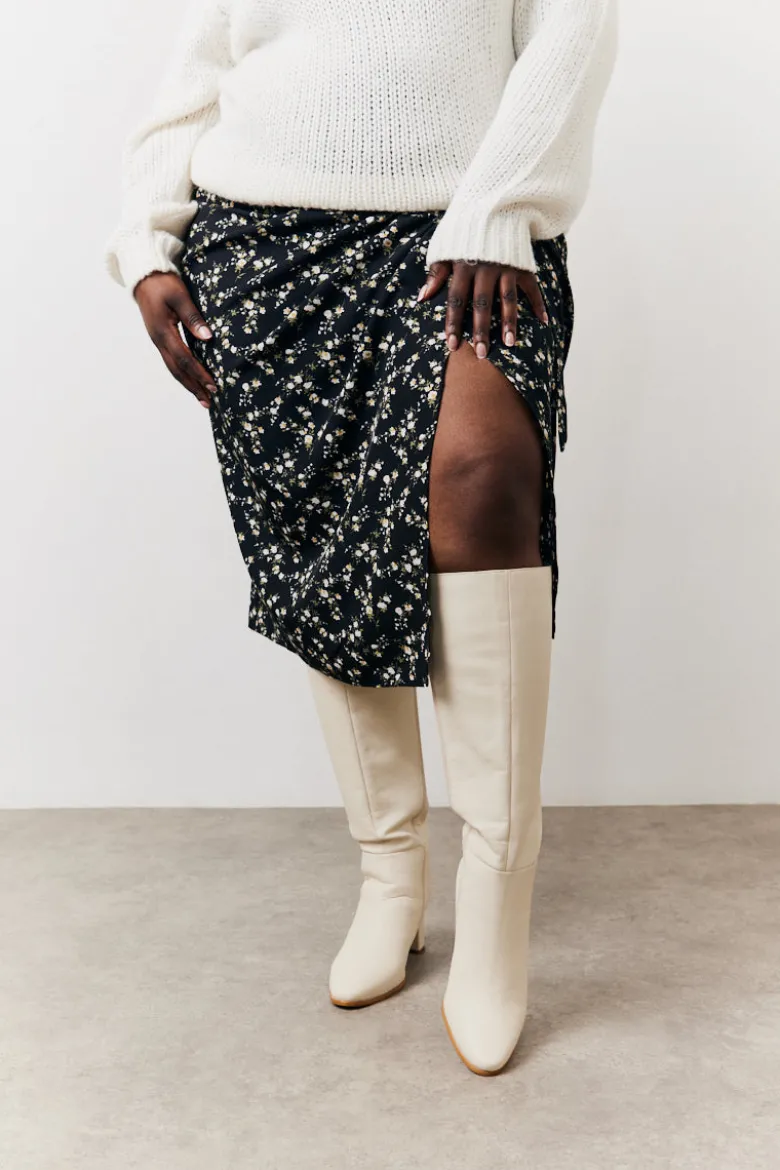 Black Floral Wrap Midi Skirt