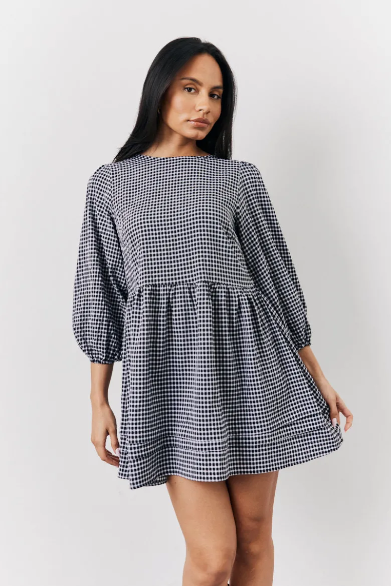 Black Gingham Mini Smock Dress
