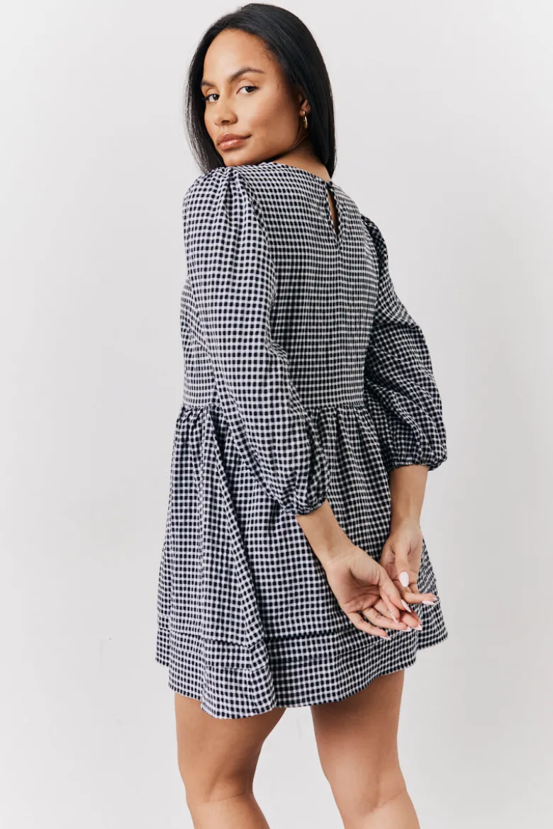 Black Gingham Mini Smock Dress
