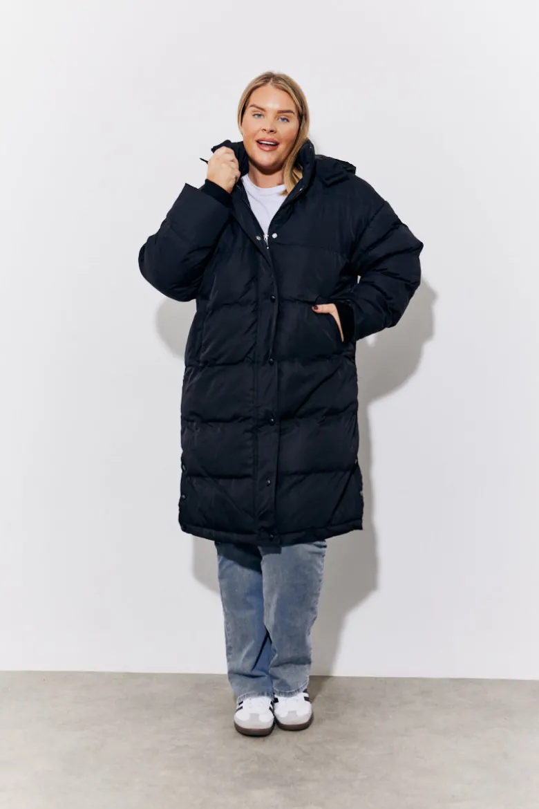 Black Hooded Longline Popper Puffer Coat