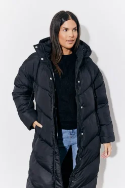 Black Hooded Longline Popper Puffer Coat