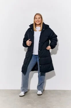 Black Hooded Longline Popper Puffer Coat