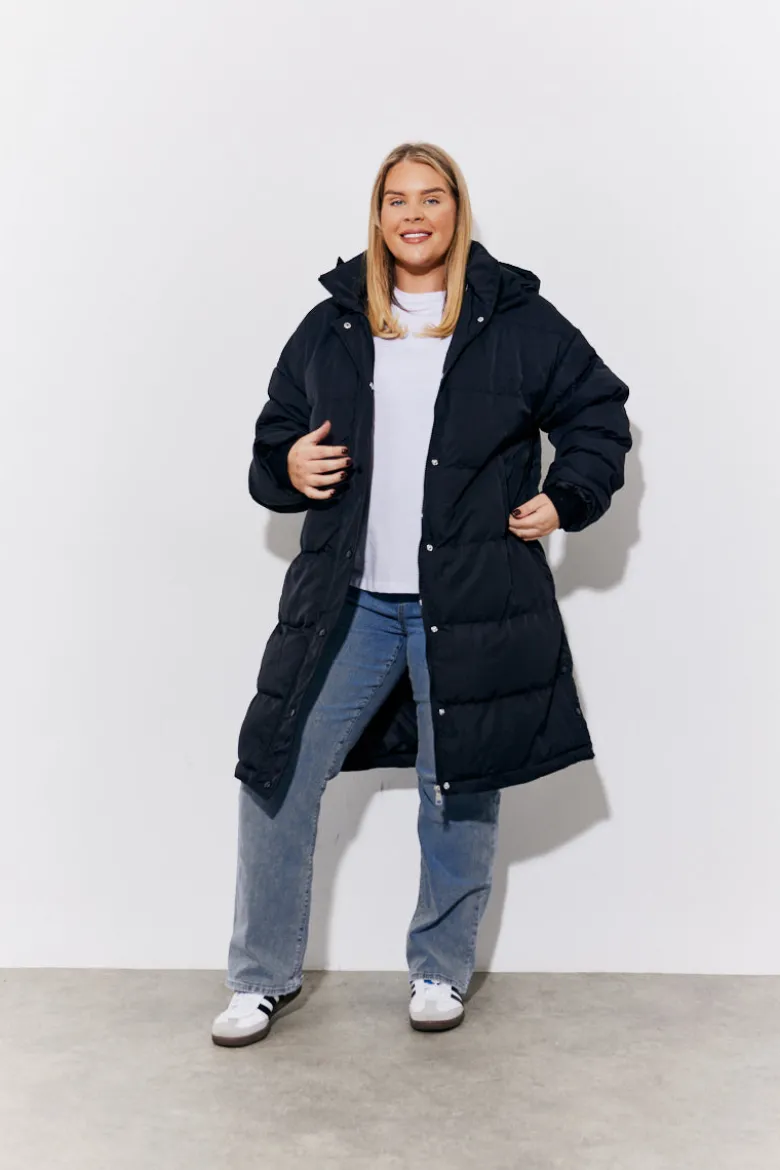 Black Hooded Longline Popper Puffer Coat