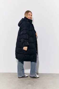 Black Hooded Longline Popper Puffer Coat