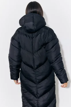 Black Hooded Longline Popper Puffer Coat