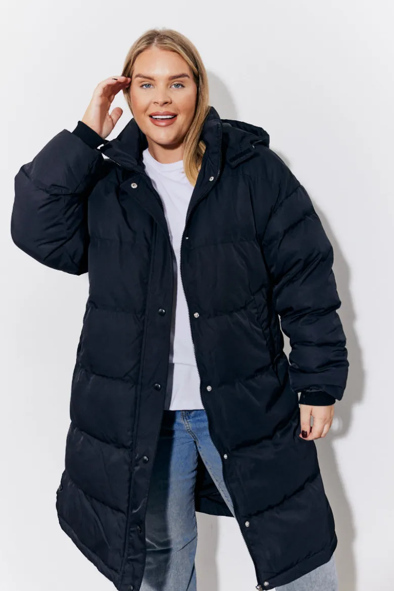 Black Hooded Longline Popper Puffer Coat