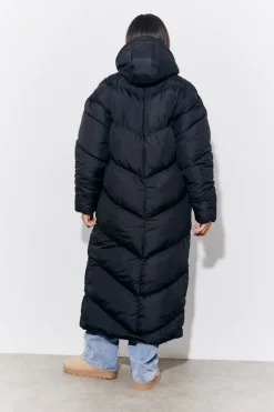 Black Hooded Longline Popper Puffer Coat