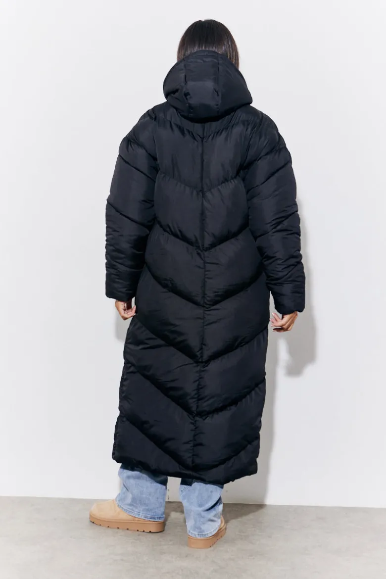 Black Hooded Longline Popper Puffer Coat