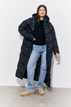 Black Hooded Longline Popper Puffer Coat