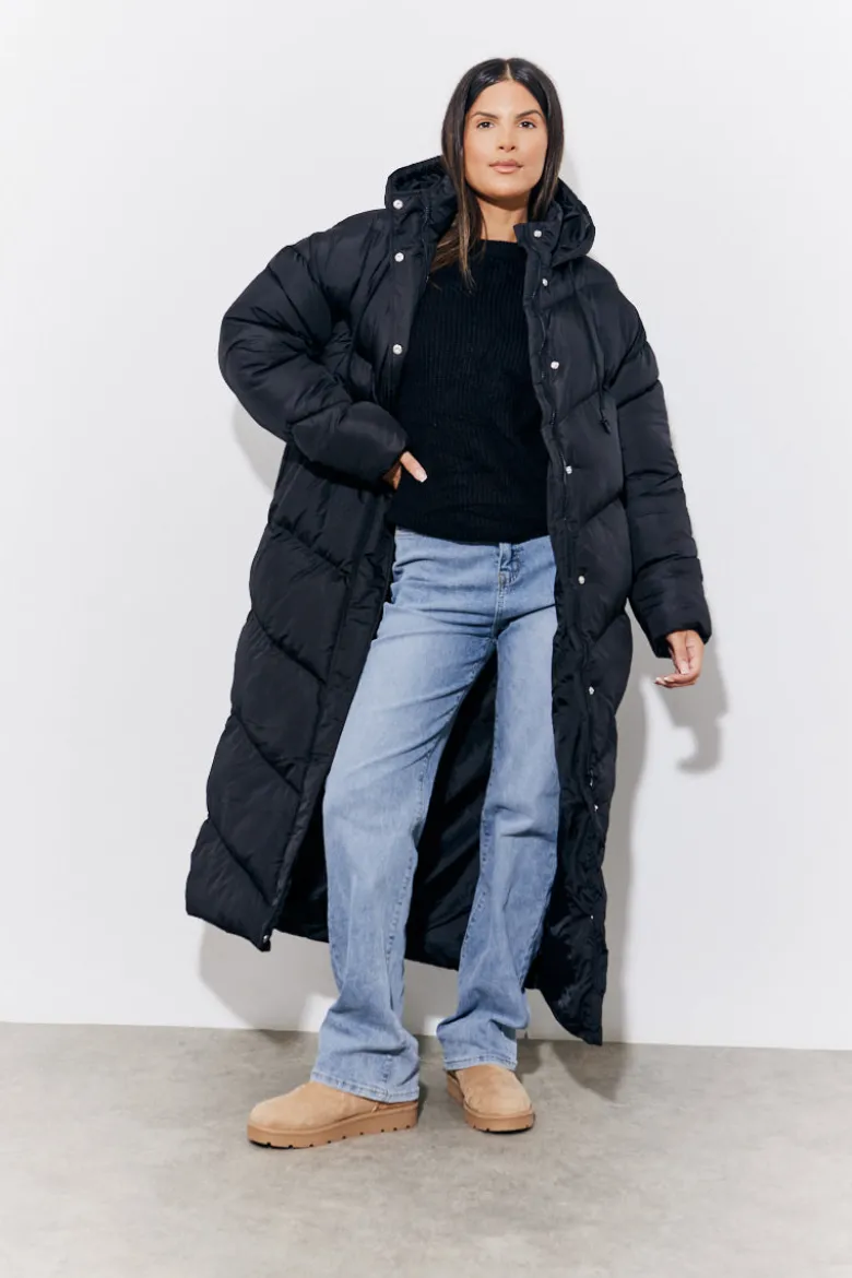 Black Hooded Longline Popper Puffer Coat