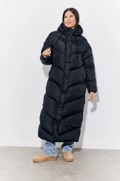 Black Hooded Longline Popper Puffer Coat