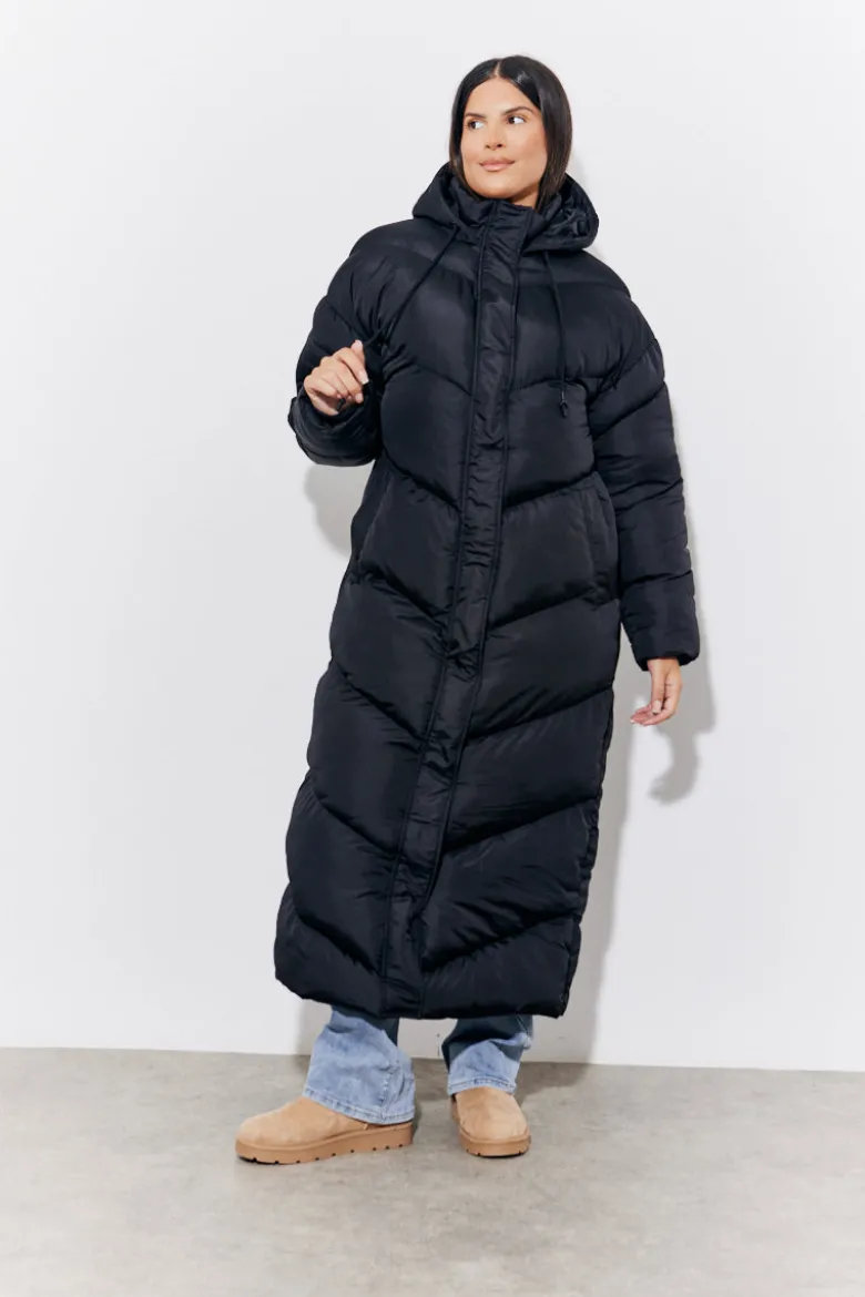 Black Hooded Longline Popper Puffer Coat
