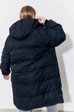 Black Hooded Longline Popper Puffer Coat