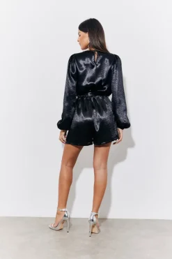 Black Liquid Satin Belted Detail Playsuit