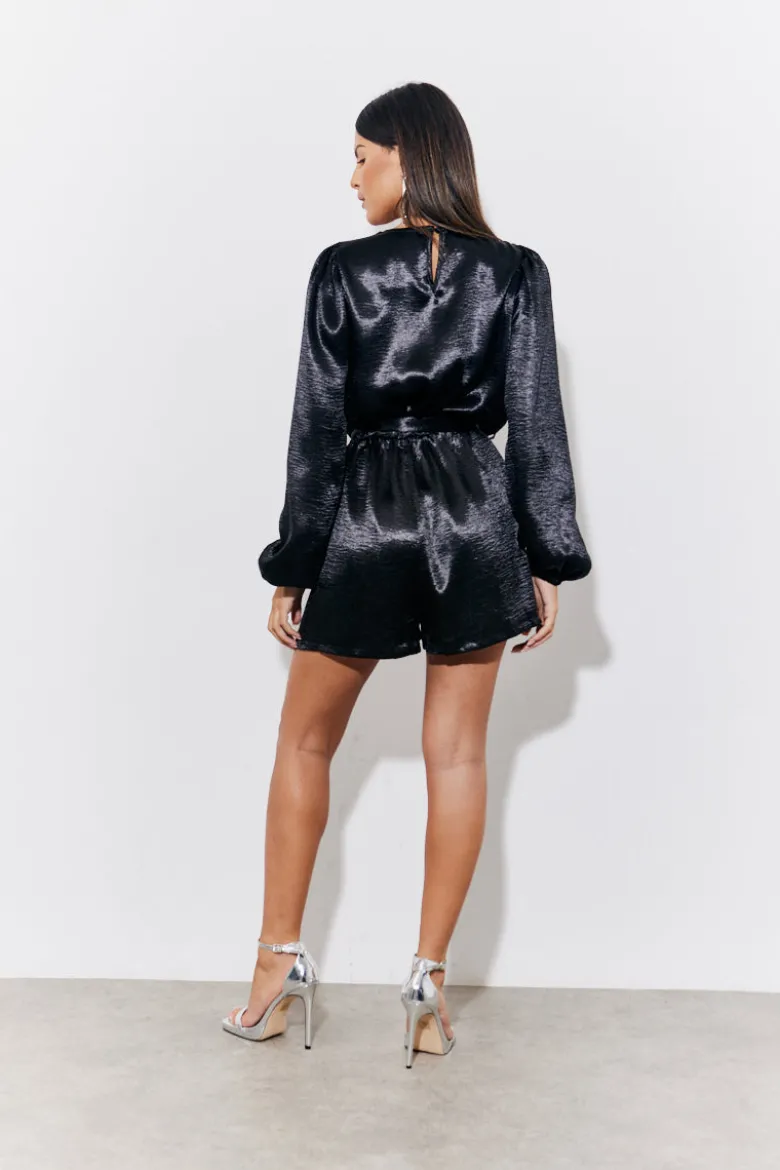 Black Liquid Satin Belted Detail Playsuit