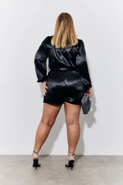 Black Liquid Satin Belted Detail Playsuit