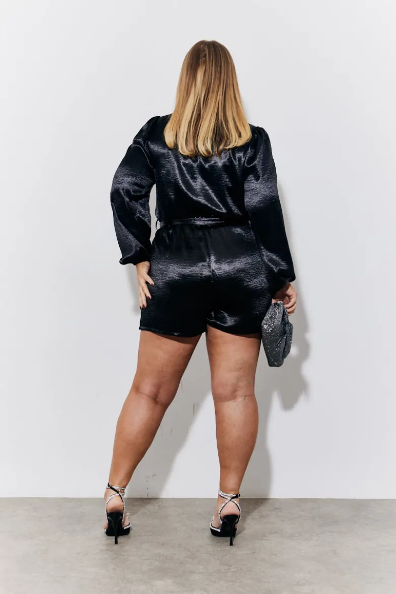 Black Liquid Satin Belted Detail Playsuit