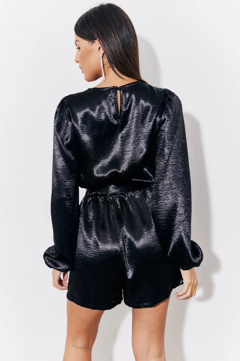 Black Liquid Satin Belted Detail Playsuit