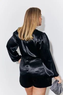 Black Liquid Satin Belted Detail Playsuit