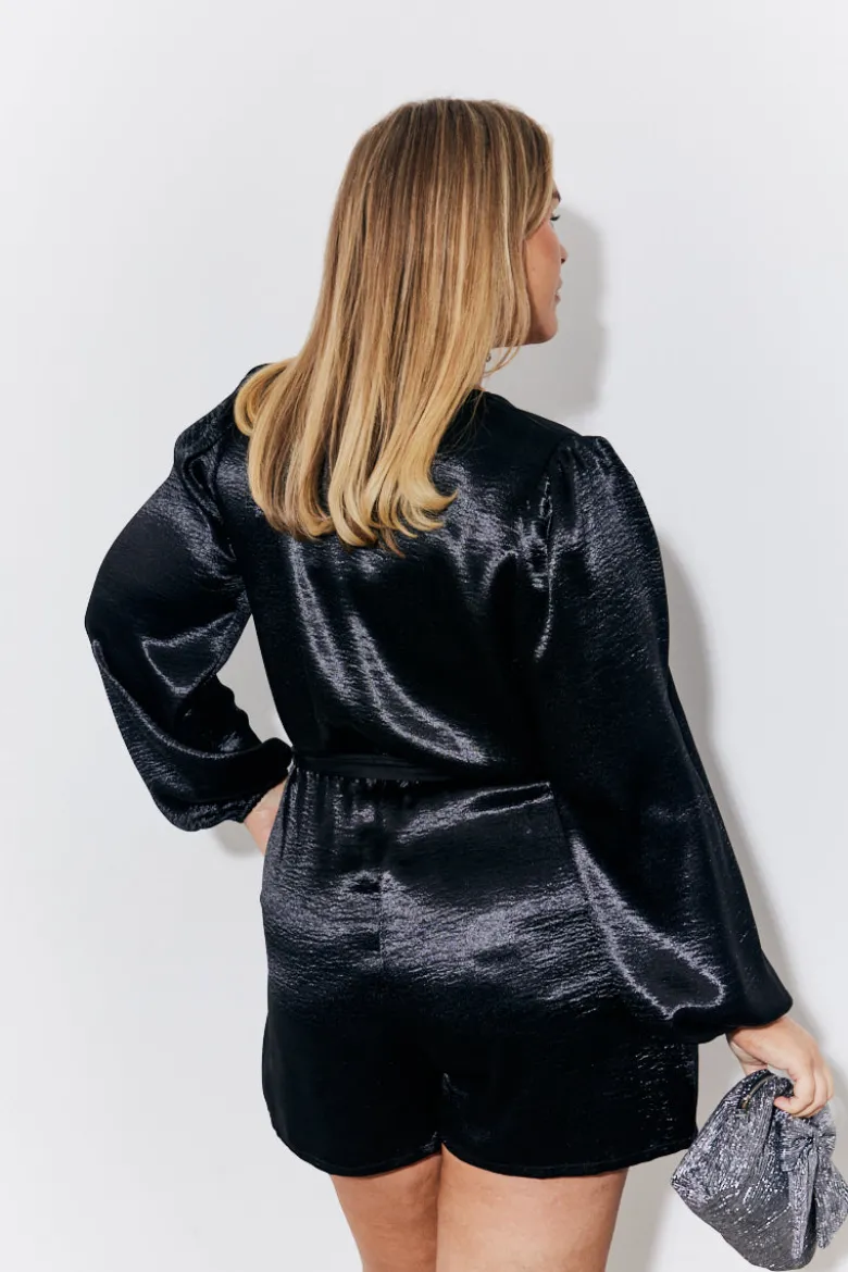 Black Liquid Satin Belted Detail Playsuit