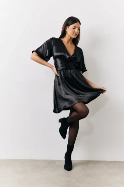 Black Liquid Satin Wrap Front Detail Mini Dress
