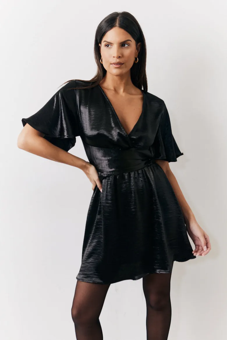 Black Liquid Satin Wrap Front Detail Mini Dress