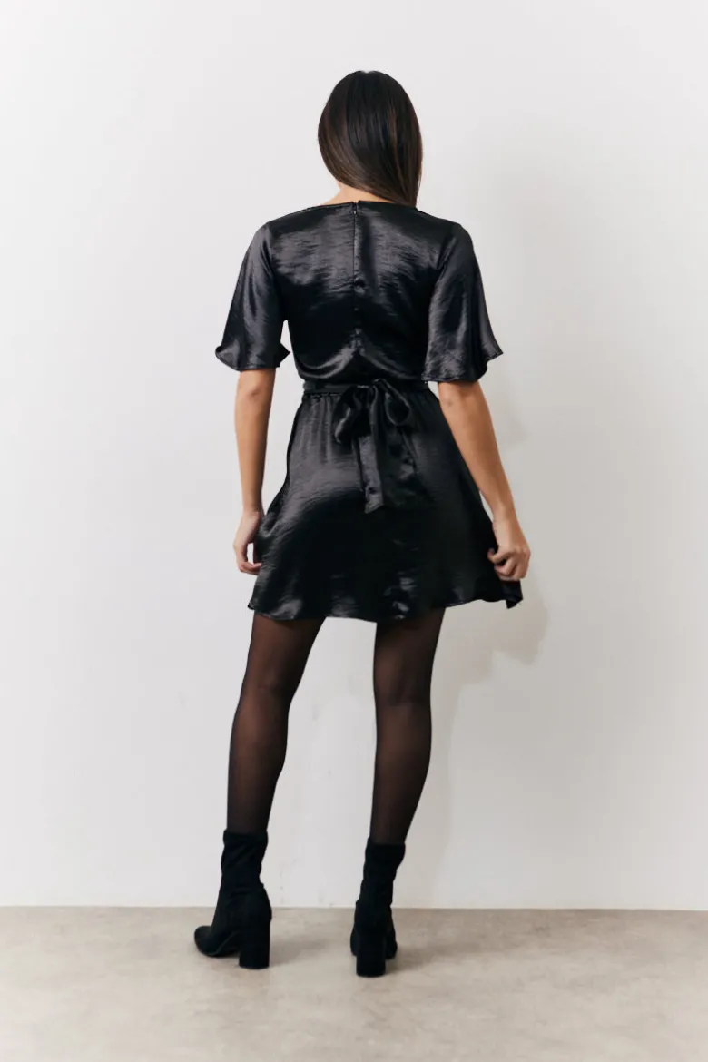 Black Liquid Satin Wrap Front Detail Mini Dress