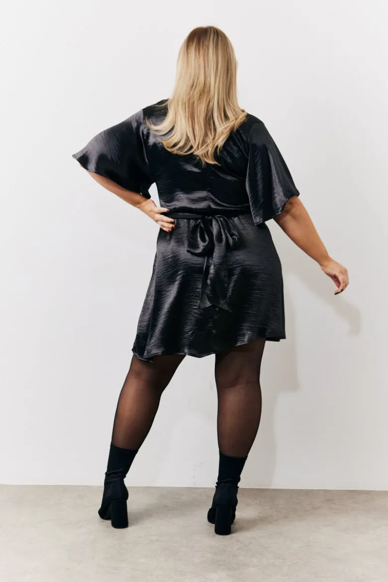 Black Liquid Satin Wrap Front Detail Mini Dress