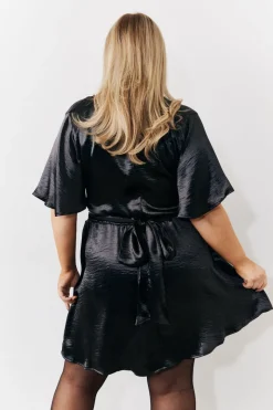 Black Liquid Satin Wrap Front Detail Mini Dress