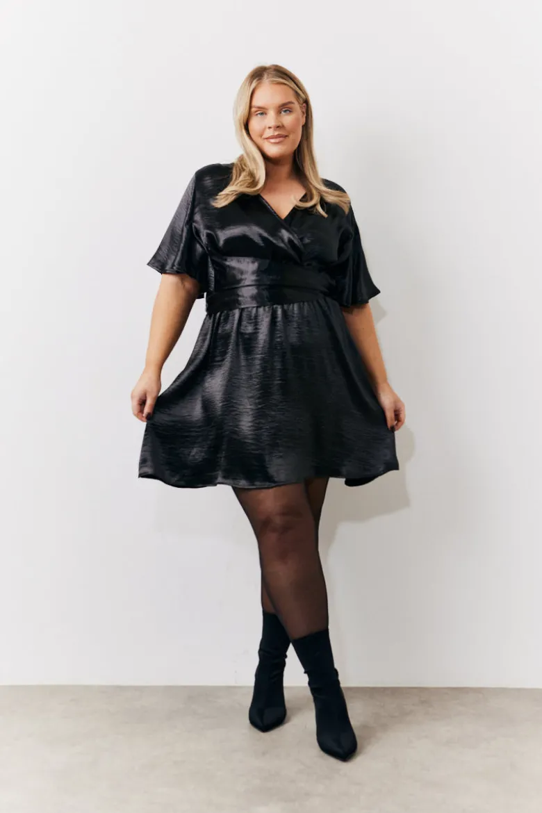 Black Liquid Satin Wrap Front Detail Mini Dress