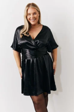 Black Liquid Satin Wrap Front Detail Mini Dress