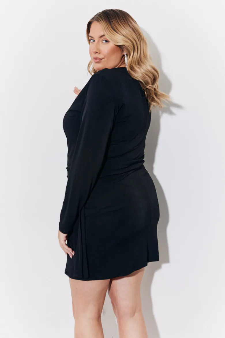 Black Magic Sculpting Drape Detail Long Sleeve Mini Dress