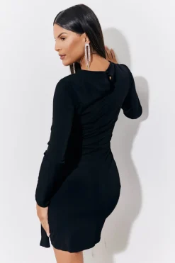 Black Magic Sculpting Drape Detail Long Sleeve Mini Dress