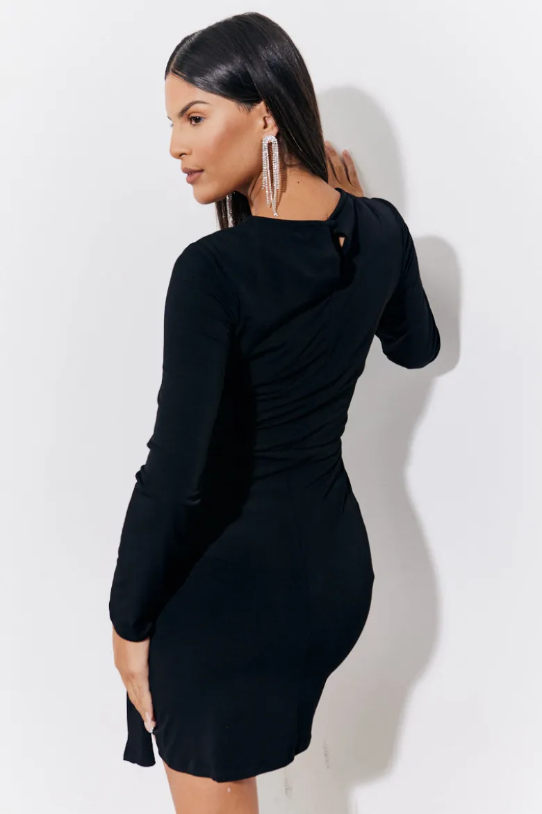 Black Magic Sculpting Drape Detail Long Sleeve Mini Dress