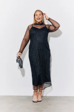 Black Mesh Metallic Detail Maxi Dress with Removable Jersey Slip Dress