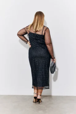 Black Mesh Metallic Detail Maxi Dress with Removable Jersey Slip Dress