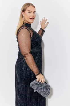 Black Mesh Metallic Detail Maxi Dress with Removable Jersey Slip Dress
