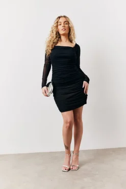 Black Mesh Ruched Detail Mini Dress