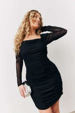 Black Mesh Ruched Detail Mini Dress