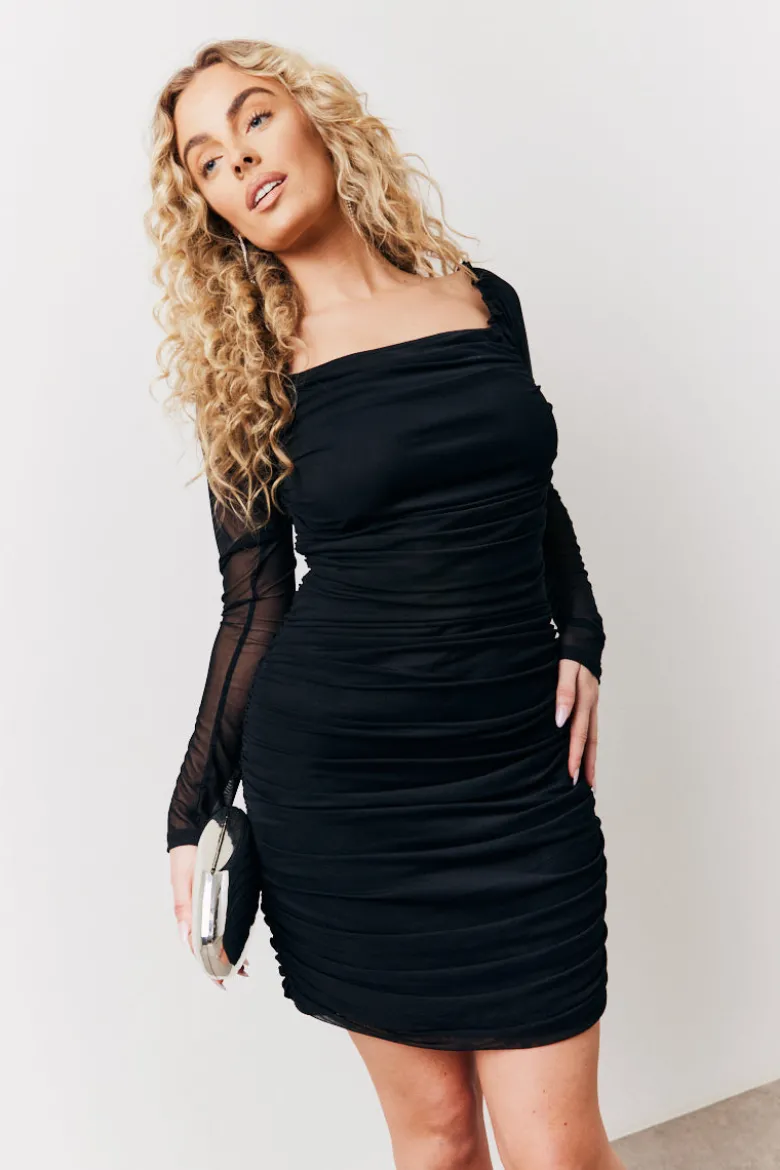 Black Mesh Ruched Detail Mini Dress