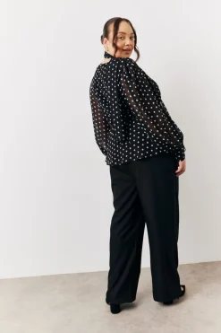 Black Polka Dot Tie Neck Blouse